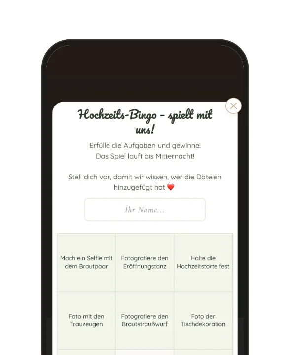 Hochzeits-Bingo in der Gästegalerie: 3 × 3-Spielfeld mit Foto-Aufgaben.