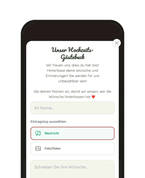 Gästebuch: Glückwünsche als Text, Foto oder Video, mit dem Namen des Gastes.