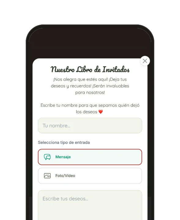 Libro de firmas: felicitaciones con texto, foto o vídeo, firmadas con el nombre del invitado.