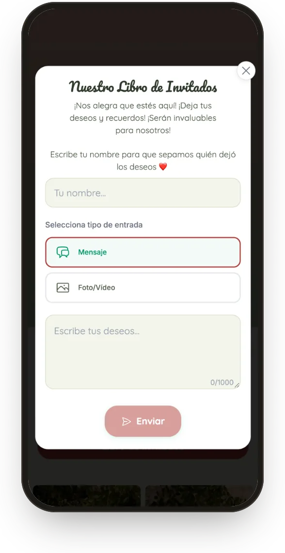 Libro de firmas: el invitado elige mensaje, foto o vídeo y escribe su felicitación.