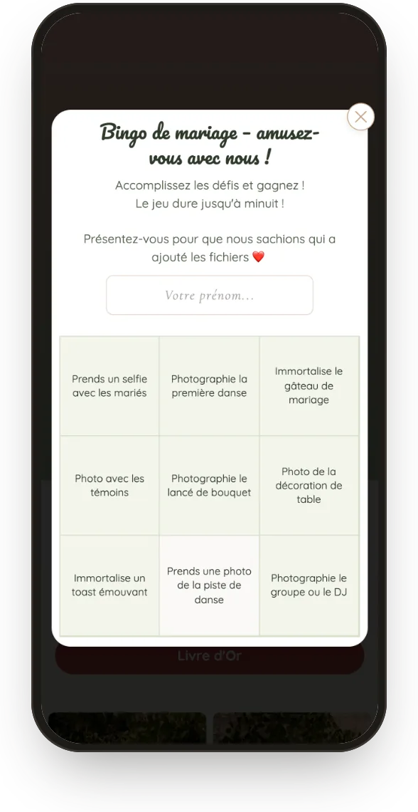 Bingo : grille 3 × 3 de défis photo dans la galerie de l’invité.