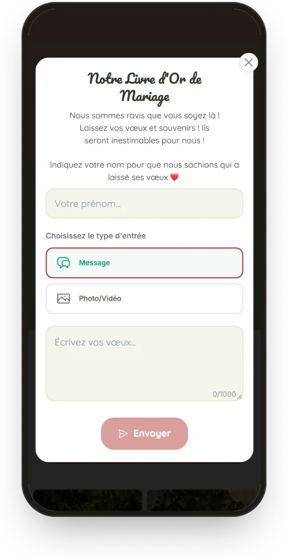 Livre d’or : l’invité choisit un message, une photo ou une vidéo et écrit ses vœux.