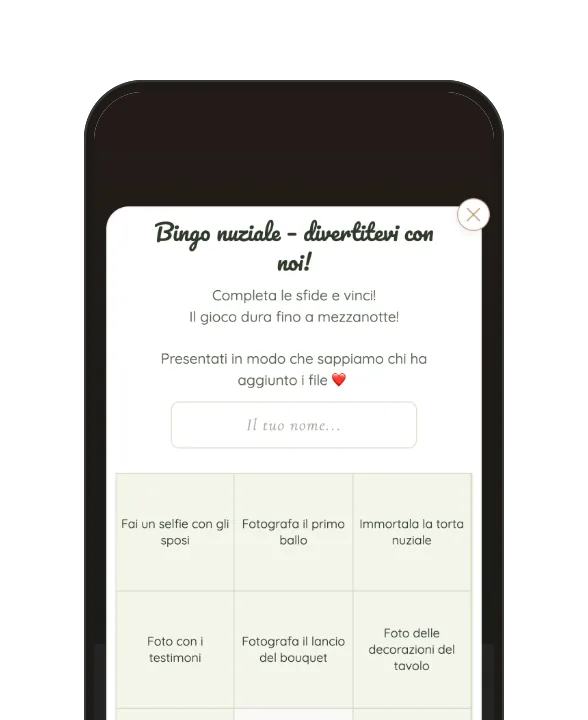 Bingo del matrimonio nella galleria dell'invitato: una griglia 3 × 3 con sfide fotografiche.