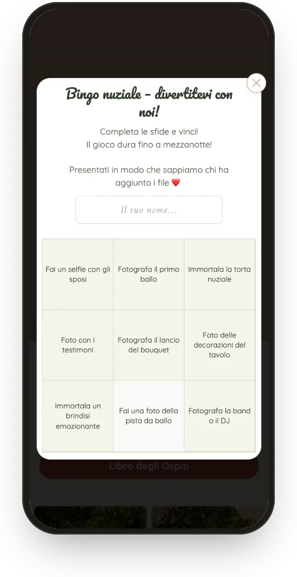 Bingo: griglia 3 × 3 con sfide fotografiche nella galleria dell'invitato.