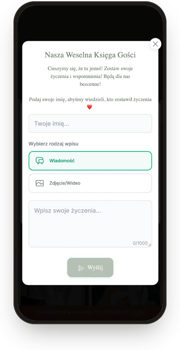Księga gości: gość wybiera wiadomość albo zdjęcie lub wideo i wpisuje życzenia.