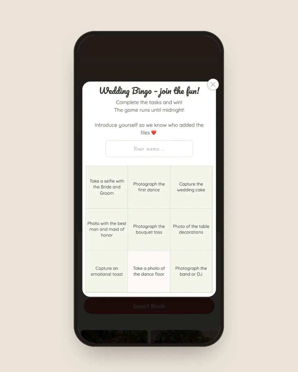 Wedding bingo in the guest gallery: a 3 × 3 board of photo challenges.