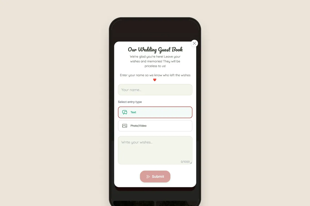 Guestbook: a guest chooses a message, photo or video and writes their wishes.