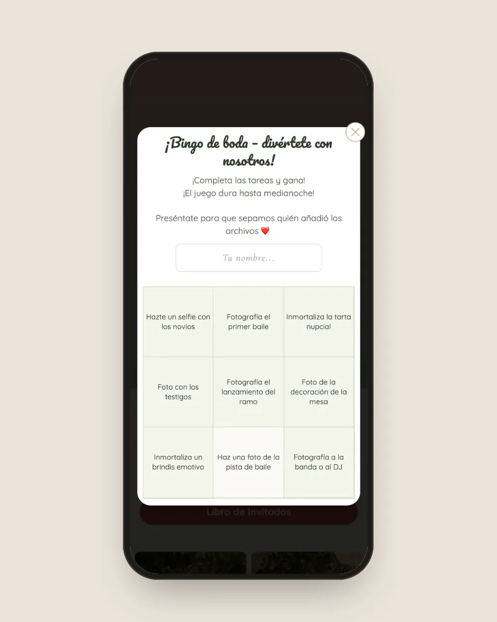 Bingo de boda en la galería del invitado: tablero de 3 × 3 con retos fotográficos.